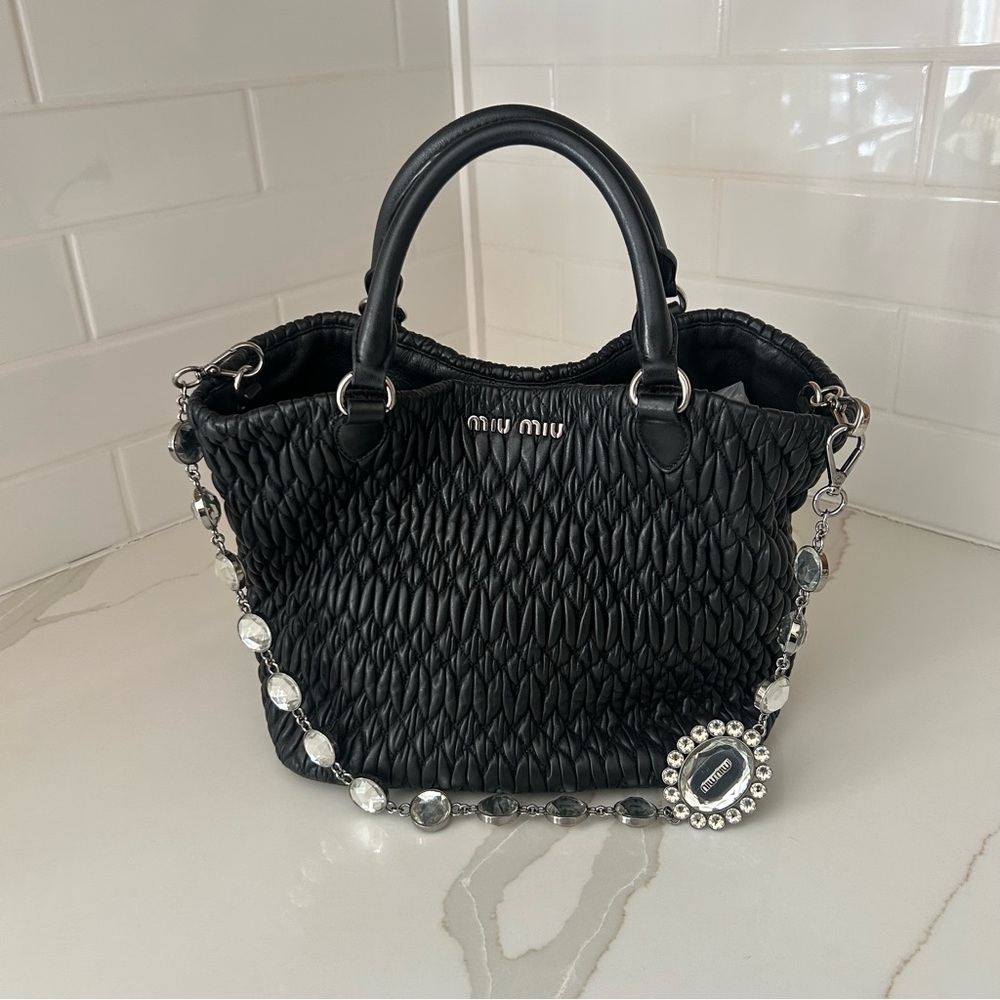 Miu Miu Medium Crystal Tote - black nappa matelasse leather